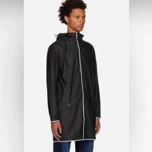 Rains Long Reflective Raincoat Jacket in Black Reflective with Hood Unisex Large